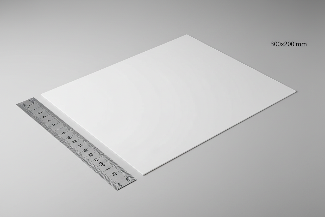 Photorealistic product photo of a white opaque acrylic sheet (plexiglass) size 300x200 mm with a measuring ruler next to it, neutral background, soft lighting, realistic shadows, no text, no logo, high detail