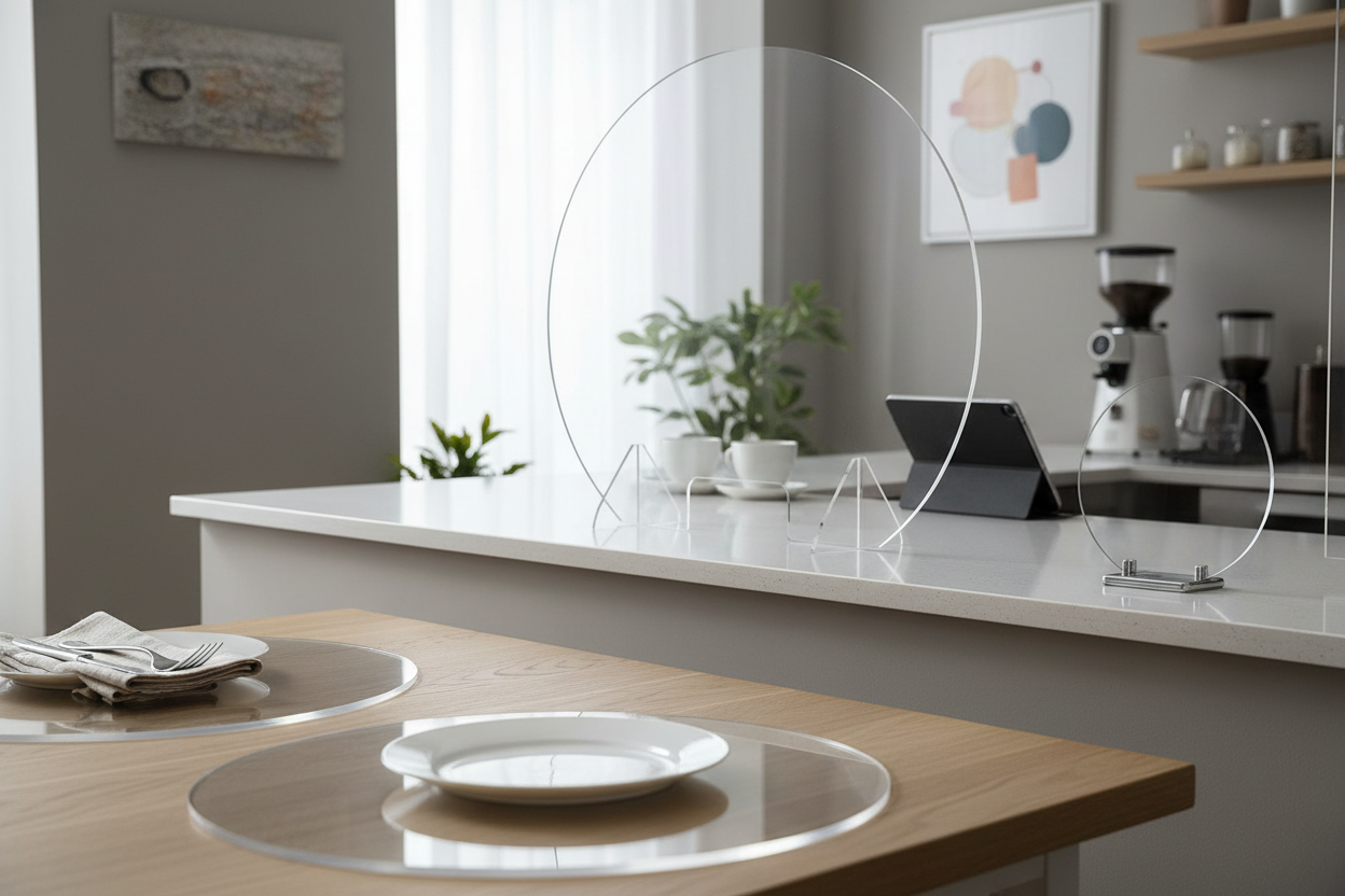 disque en plexiglas transparent en situation (protection / table / stand)