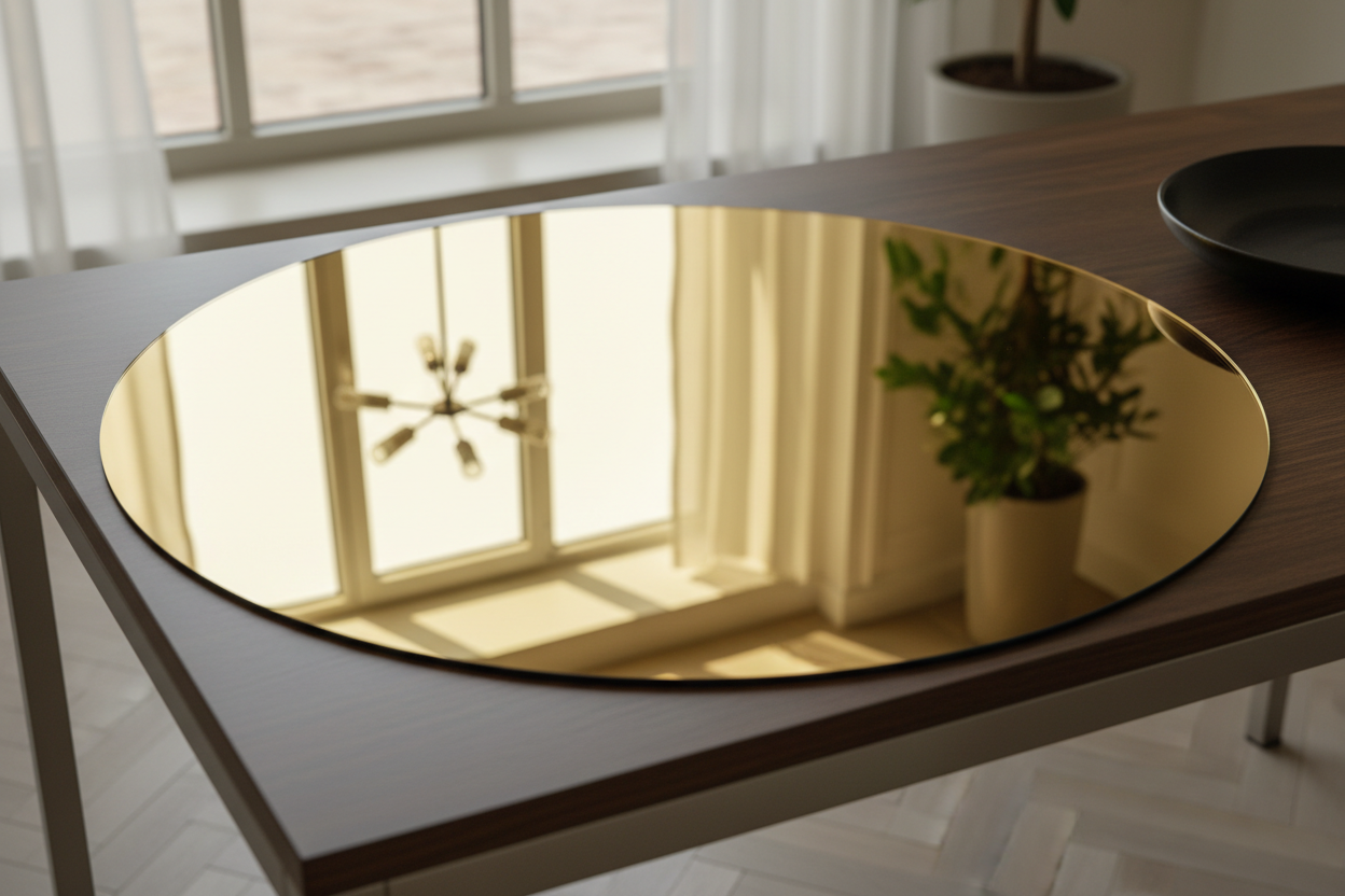 disque plexiglas miroir or sur une table