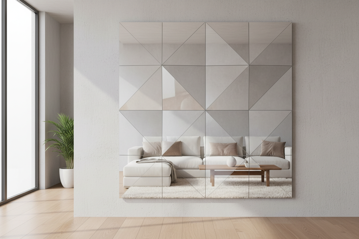 Photorealistic interior scene showing a silver acrylic mirror panel used as wall decoration in a modern interior, minimalist design, soft natural light, clean reflections, realistic materials, premium architectural photography, no visible text, no logo
