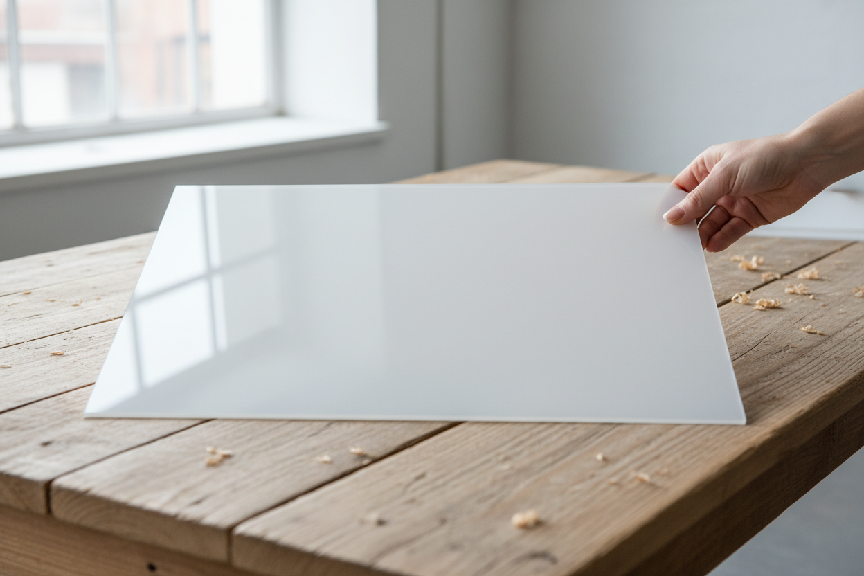 Photorealistic product photo of a white opaque acrylic sheet (plexiglass) size 300x200 mm placed on a wooden table, human hand holding the sheet to show scale, natural light, realistic proportions, clean environment, no text, no logo, professional product photography
