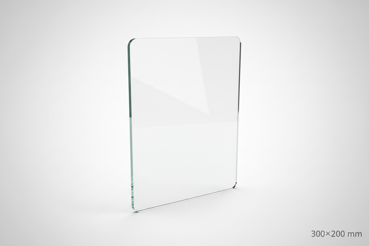 Plaque plexiglas seule

Fond clair (blanc / gris clair)

Format visible (idéalement “300×200 mm” discret sur l’image)